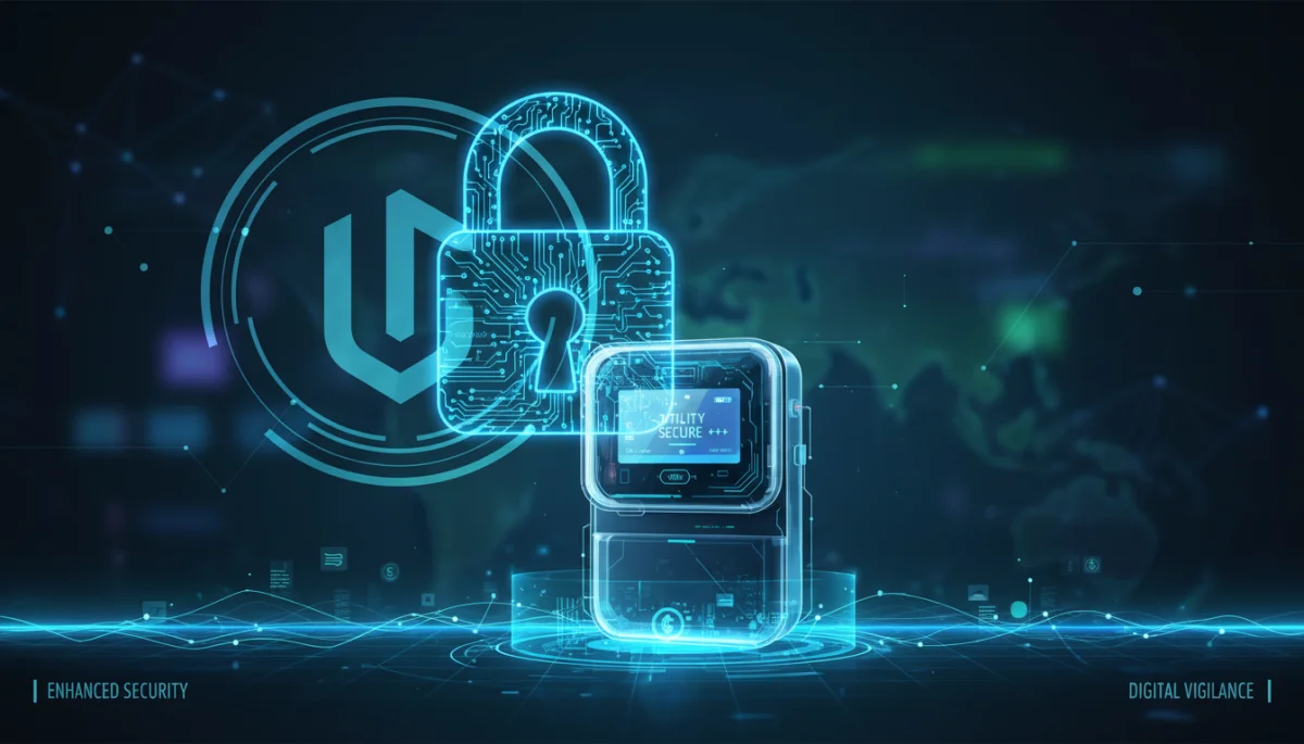 Digital padlock securing a utility meter, symbolizing protection against fraud.