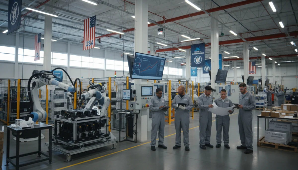American factory workers operating advanced machinery, demonstrating increased domestic manufacturing capacity.