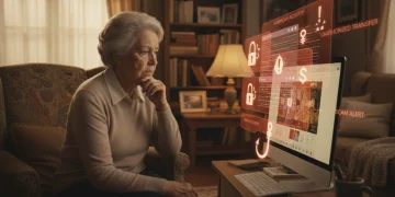 Elderly woman looking concerned at a computer screen, symbolizing elder fraud awareness and prevention