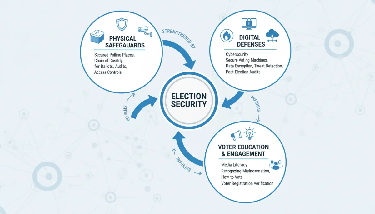 Infographic showing layers of election security: physical, digital, and voter awareness.