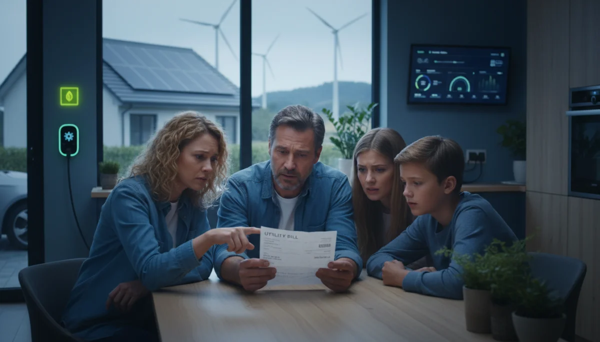 Family examining a utility bill, contemplating rising energy costs and potential renewable solutions