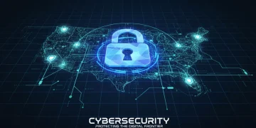 Digital lock icon over US map representing federal cybersecurity mandates for businesses