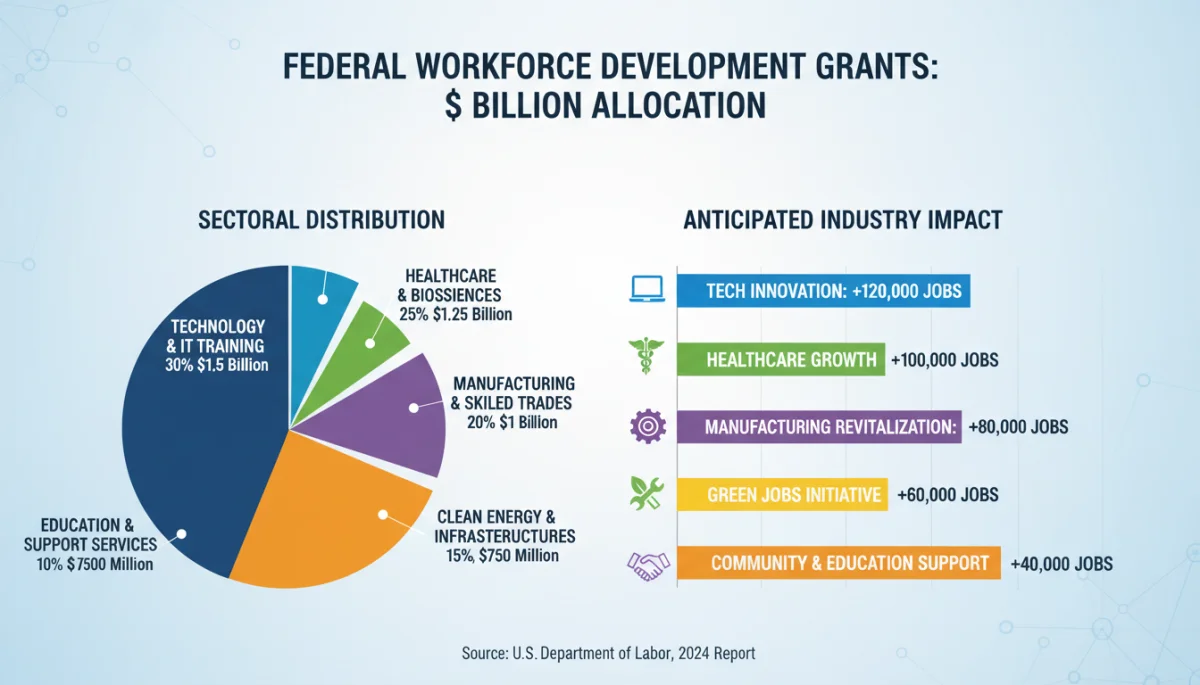 Infographic showing billion federal grant distribution for workforce development across U.S. industries.