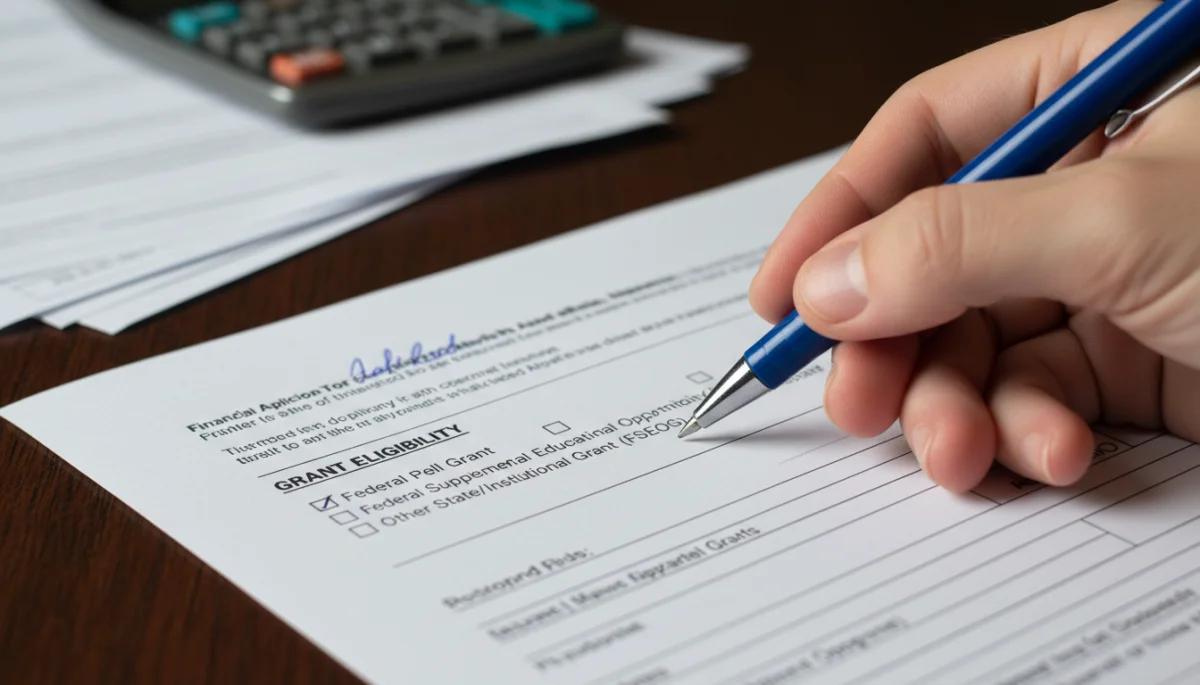 Hand completing a federal financial aid application for grants