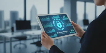 Financial security with padlock on tablet, protecting against investment scams
