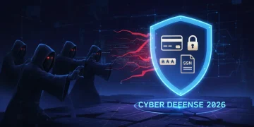 Digital shield protecting personal data from shadowy figures, symbolizing robust identity theft prevention in mid-2026.