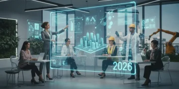 Future of hybrid work with professionals collaborating virtually in 2026