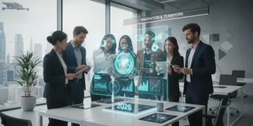 Professionals collaborating on futuristic holographic display