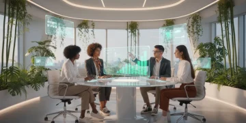 Gen Z professionals collaborating in a modern, sustainable office environment