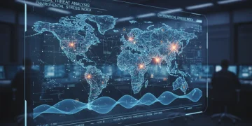 Digital representation of interconnected global threats, cyber warfare, climate change, and geopolitical instability impacting national security.