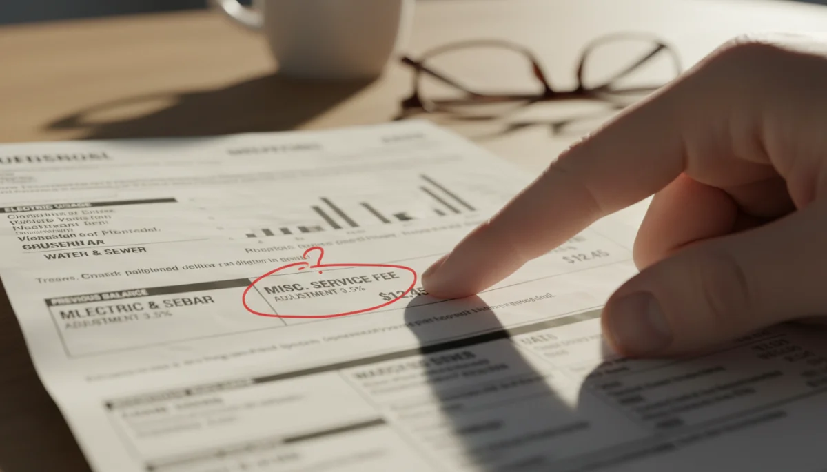 Hand pointing at ambiguous charge on utility bill