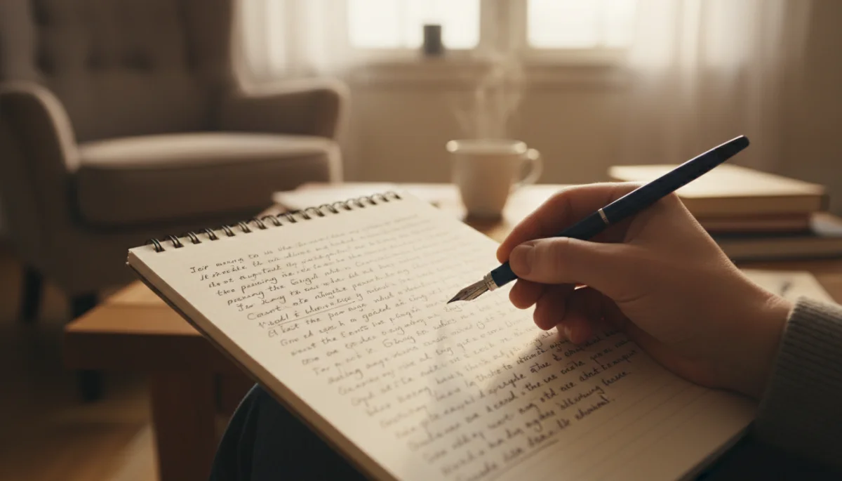 Close-up of hand writing stream-of-consciousness text in a journal