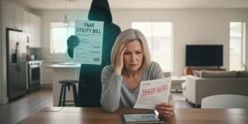 Homeowner examining a suspicious utility bill, representing the threat of billing scams.