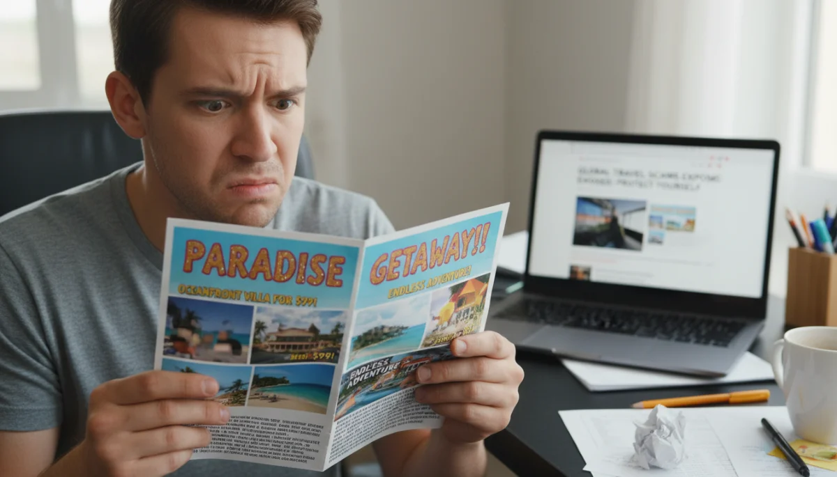 Confused traveler examining a potentially fake travel brochure, highlighting the frustration of encountering vacation scams.