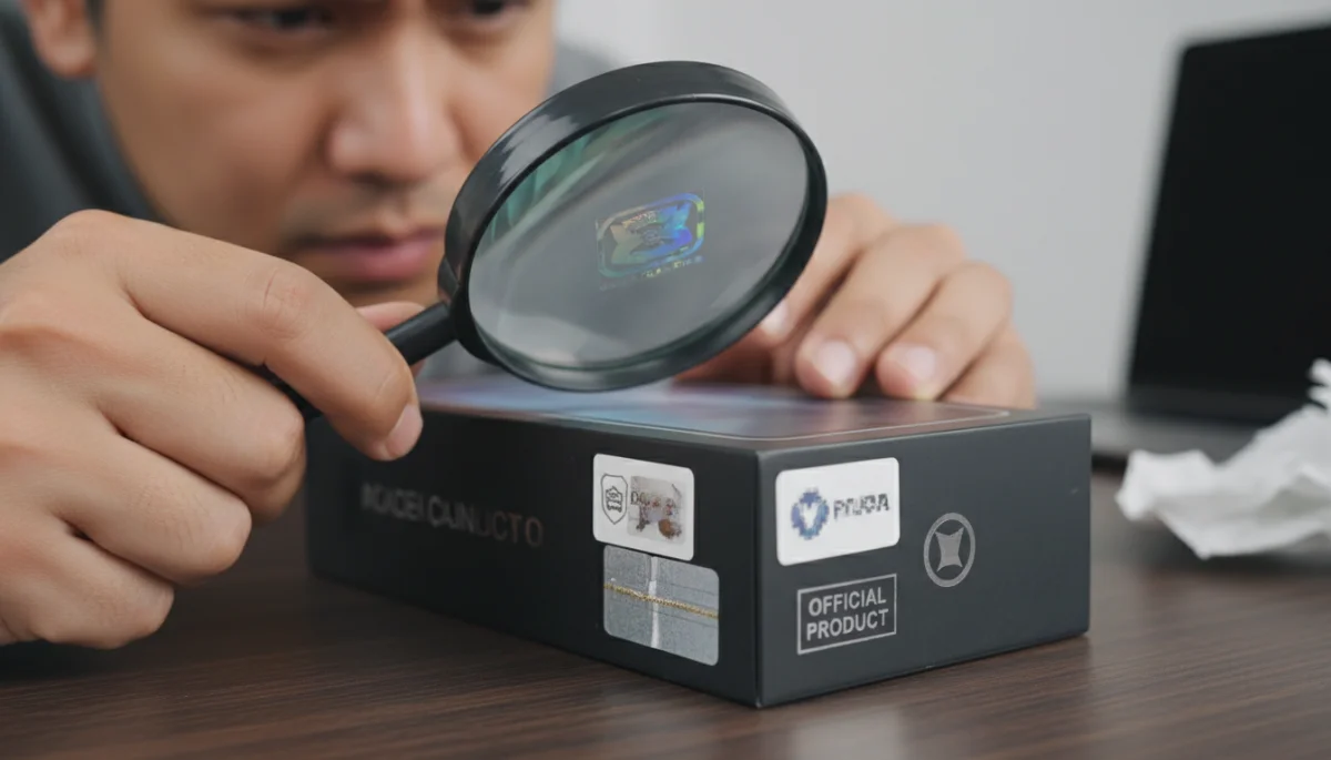 Consumer inspecting electronic device packaging for authenticity markers