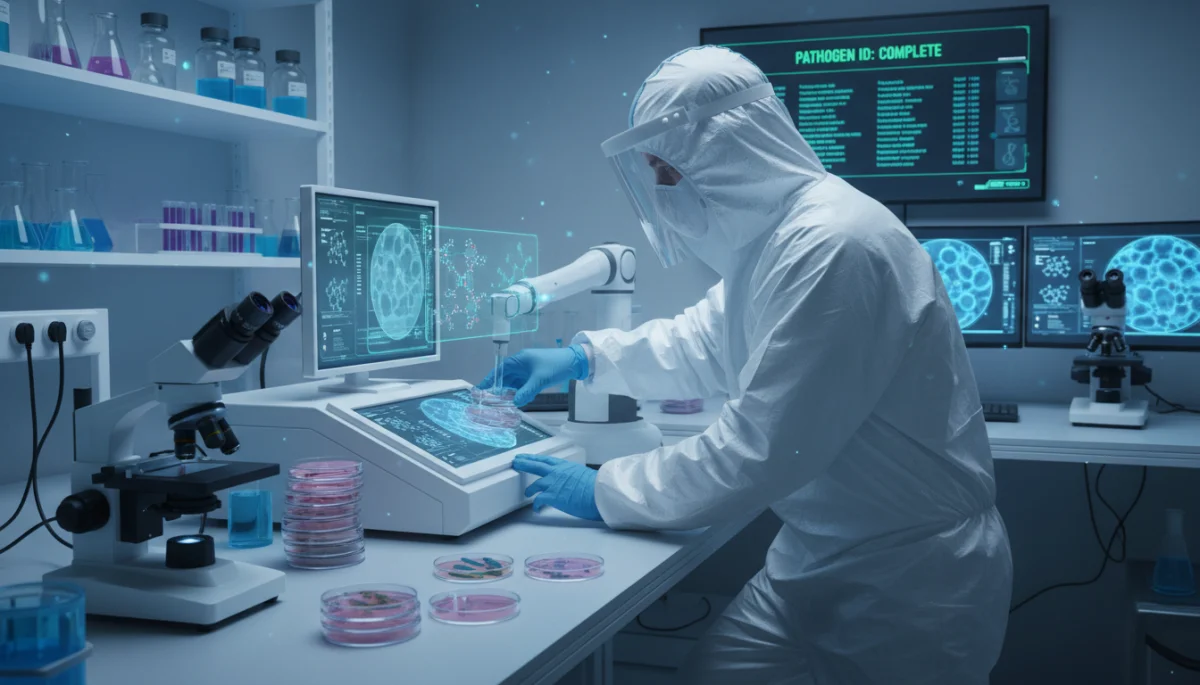 Scientist conducting research on emerging pathogens in a modern laboratory