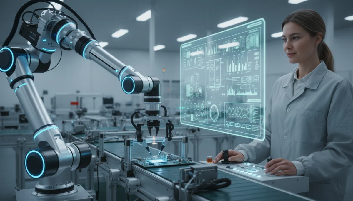 Robot arm and human technician collaborating on an assembly line