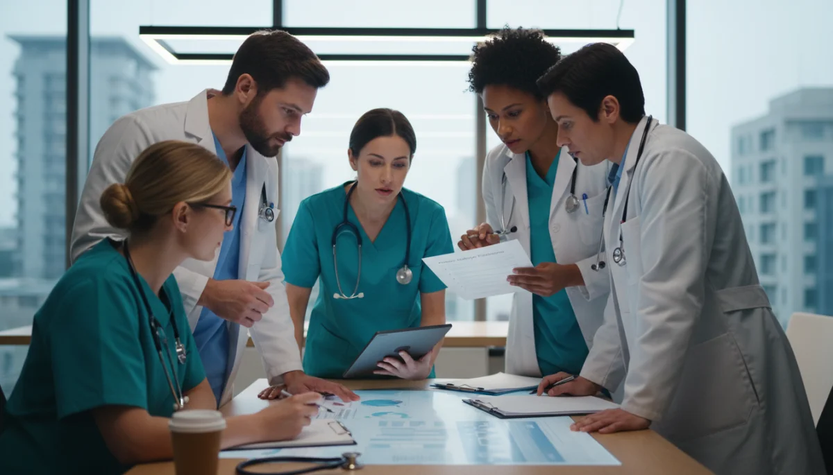 Medical professionals discussing patient safety protocols and device performance