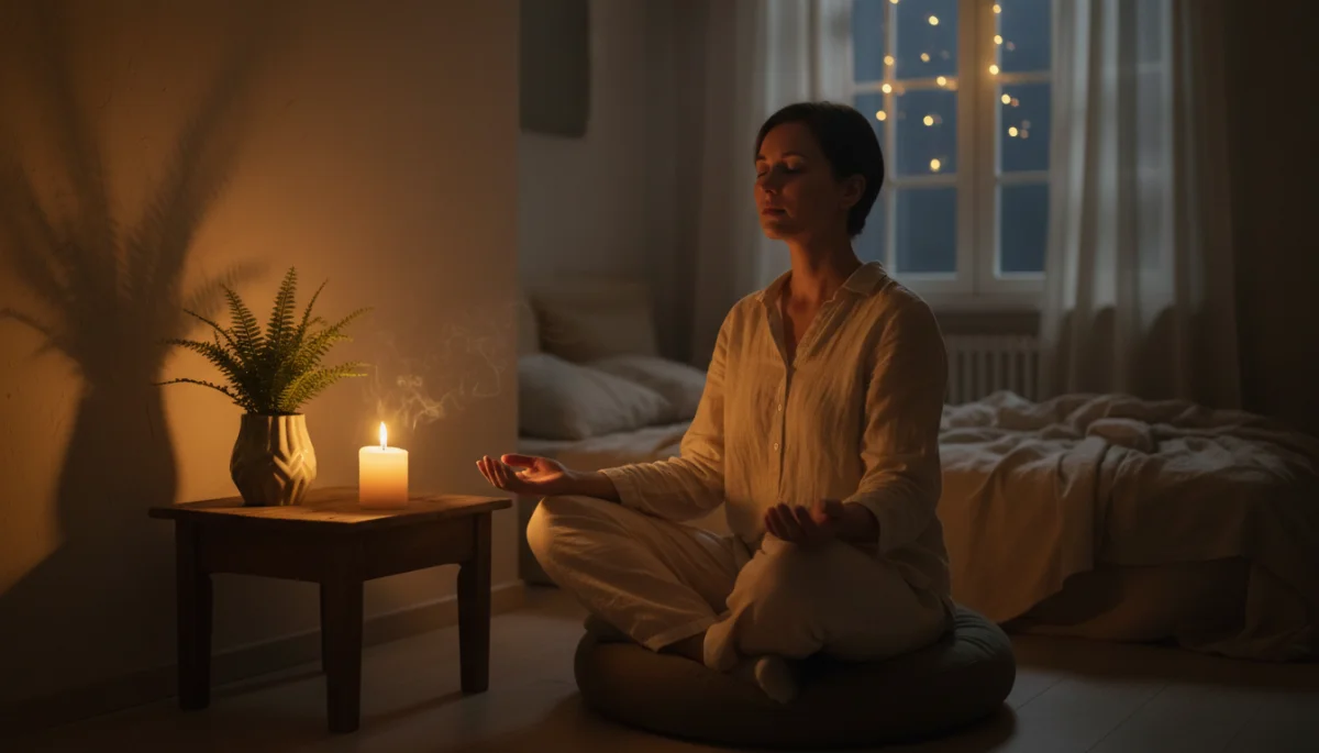 Person meditating for pre-sleep relaxation