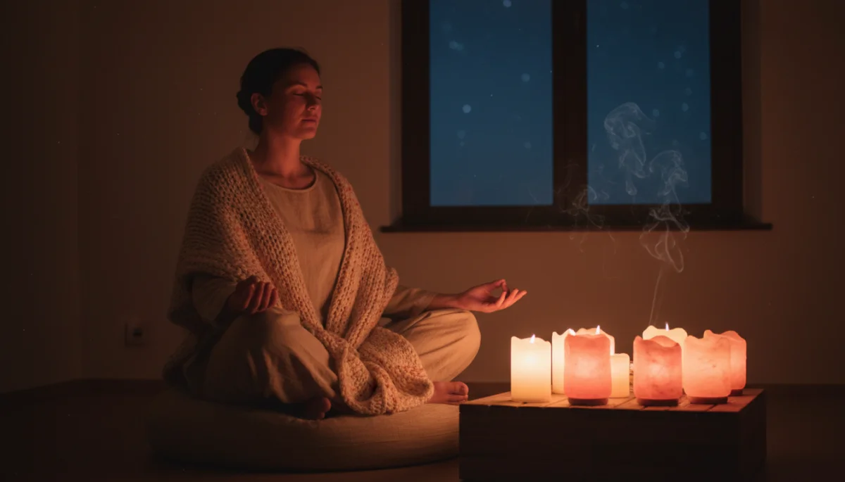 Person meditating calmly for stress reduction and better sleep