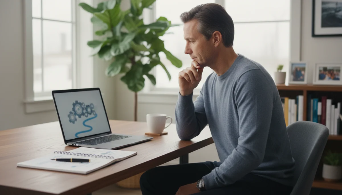 Woman in her 40s reflecting on career options for a successful transition