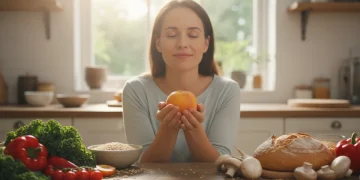 Person practicing mindful eating with fresh fruit, promoting better digestion.