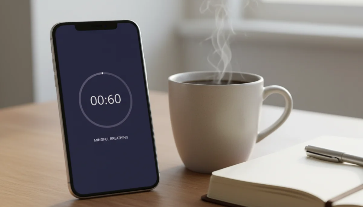 Smartphone with meditation app, coffee, and journal for a mindful morning
