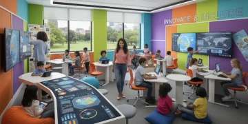 Modern classroom with diverse students using technology, symbolizing new federal education funding impact