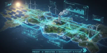 Complex energy grid with diverse power sources and digital data streams showing utility cost impacts