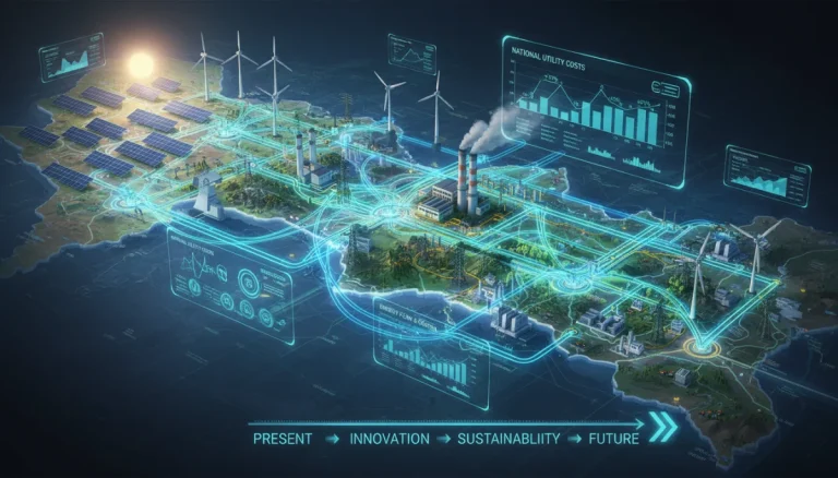 Complex energy grid with diverse power sources and digital data streams showing utility cost impacts