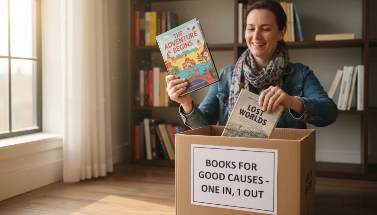Person applying 'one in, one out' rule with books, donating old for new.