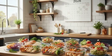 Organized meal prep containers with healthy food for a 7-day plan in 2026