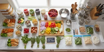 Organized kitchen counter with batch-cooked meals and fresh ingredients