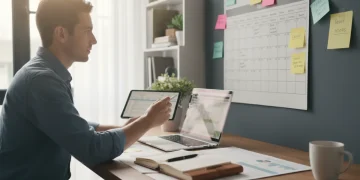 Person conducting a weekly review at an organized desk with a planner and laptop