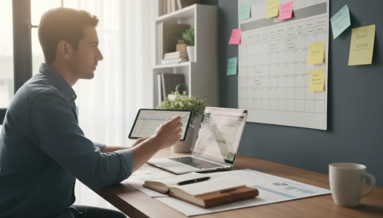 Person conducting a weekly review at an organized desk with a planner and laptop