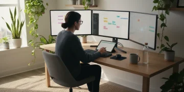 Person optimizing personalized productivity system at a modern desk