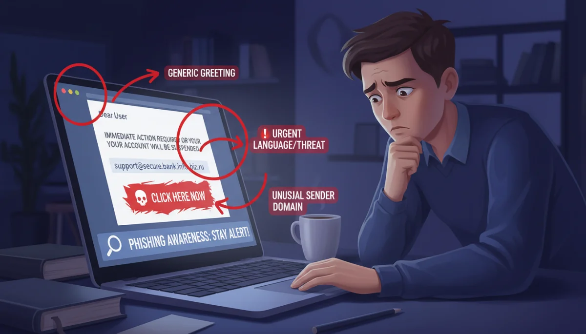 Person identifying phishing email red flags on a laptop