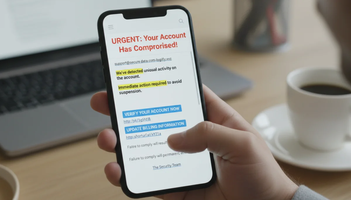 Hand holding smartphone displaying a deceptive phishing email, illustrating social engineering tactics.