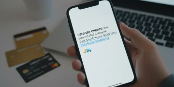 Smartphone displaying a deceptive phishing message about a package delivery, highlighting the risk to online shoppers.