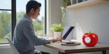 Person using a red Pomodoro timer for focused work in a modern office