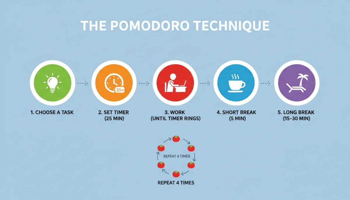 Infographic showing the five steps of the Pomodoro Technique