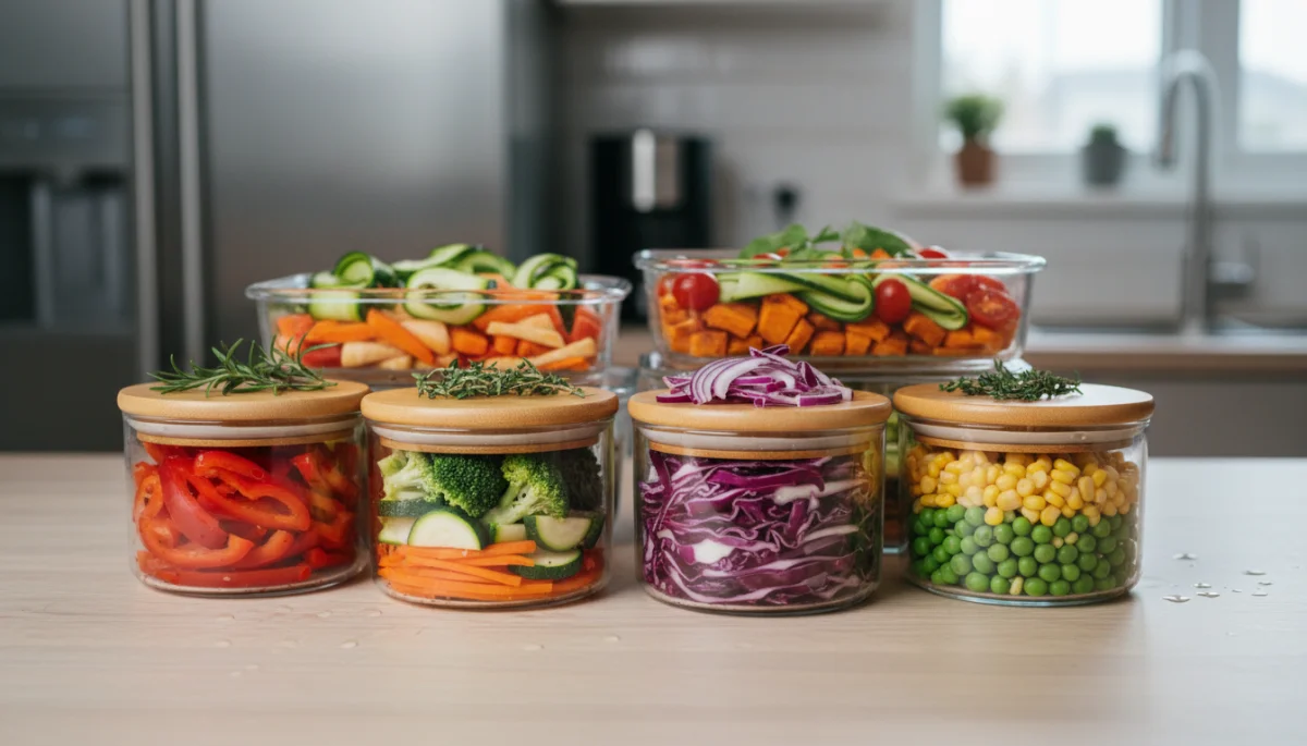Colorful prepped vegetables in glass containers for batch cooking