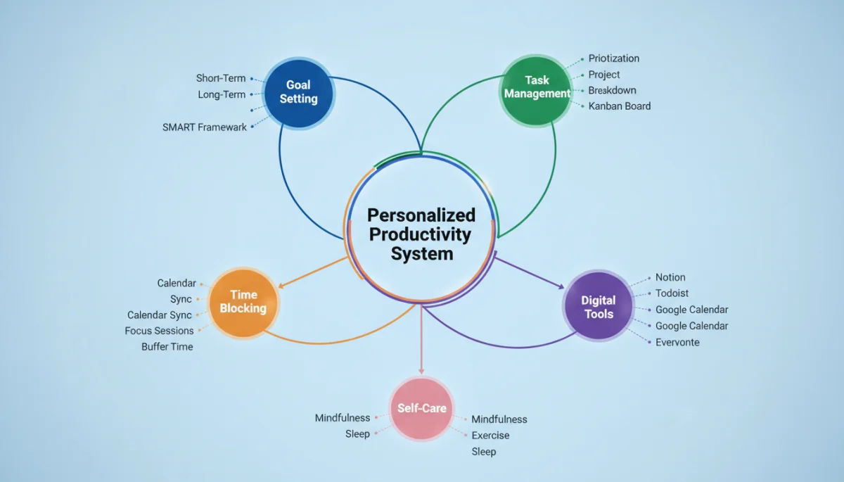 Mind map showing interconnected components of a personalized productivity system
