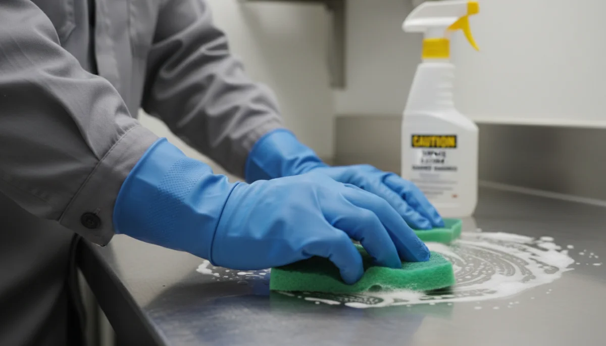 Person using protective gloves while cleaning