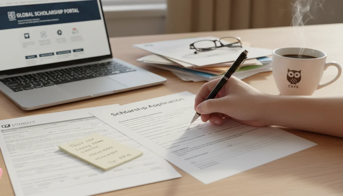 Student meticulously completing a scholarship application form