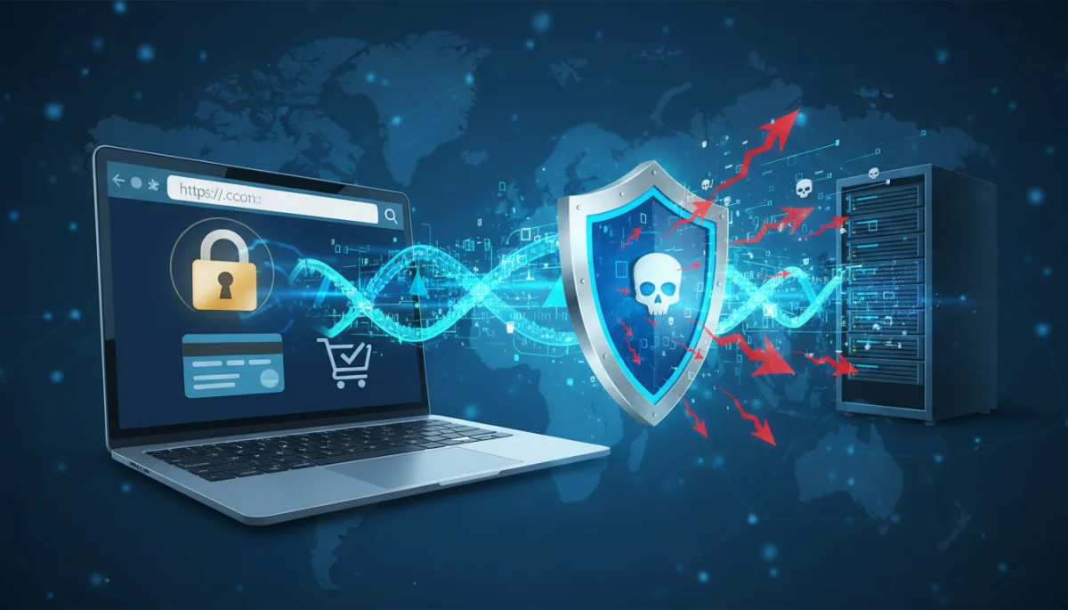 Secure online transaction with padlock and encryption symbols, representing safe shopping practices.