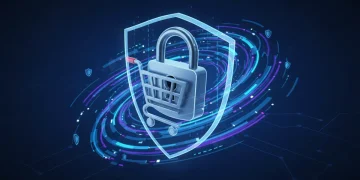 Secure shopping cart with digital lock, representing data breach protection