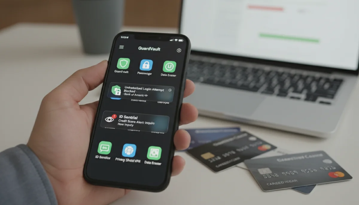 Person using smartphone for identity protection and credit monitoring