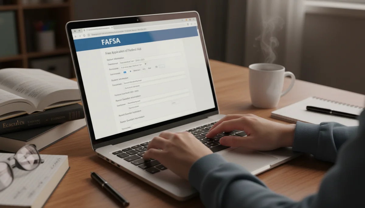 Student completing FAFSA application on a laptop