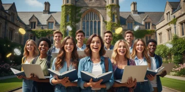 Students celebrating scholarship success with university in background